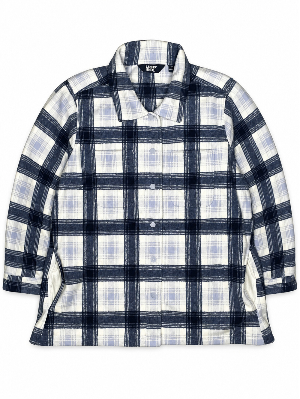 Lands' End Women's Blue and White Plaid Fleece Jacket 2X